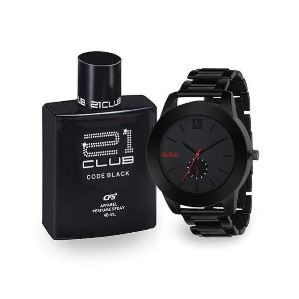 Relish Black Analog Watch Metal Chain with Perfume for Men